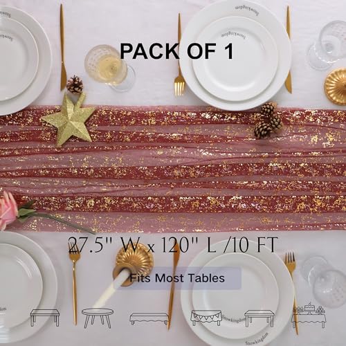 Snowkingdom Burgundy Gold Table Runner 10 Ft, Maroon Glitter Sheer Gauze Metallic Foil Sparkly Party Decorations Table Centerpiece for Wedding Bridal Shower Birthday Christmas Event Festive Fall - color: Burgundy Gold, size: 10FT/1Pc