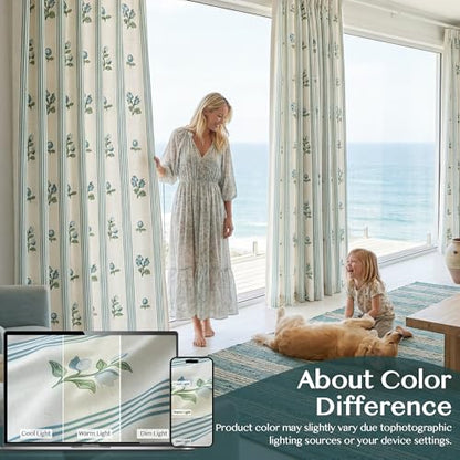 Pinch Pleat Linen Blend Curtains Blue Stripe Floral, 40"W x108 Inches Long - color: Blue Stirpe, size: 40"W x 108"L (Pack of 2)
