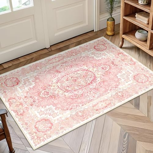 Boho Washable Area Rug 2x3 Small,Vintage Floral Rug for Entryway - color: Boho Blush Pink, size: 2'x3'