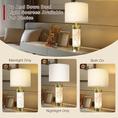 Scenekoy 68.6cm(27인치) 알라바스터 테이블 램프 2개 세트, 야간 조명이 있는 테이블 램프 - color: 퓨어 화이트.