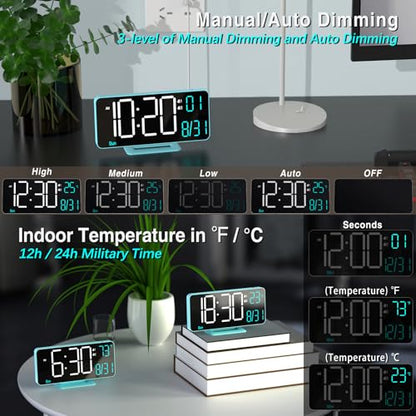 KOSUMOSU Digital Alarm Clock, 6.7in Digital Clock for Bedroom, Auto Dimming, Room Temperature, Day of The Week, Seconds, Date, Desk Clocks for Living Room, Alarm Clocks for Bedrooms - color: Blue (White + Blue Digits)