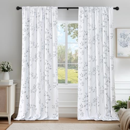 Beauoop Floral 100% Blackout Curtains for Bedroom Grey White 52X72 2 Panels - color: Rod Pocket | Grey, size: 52"W x 72"L (Pack of 2)