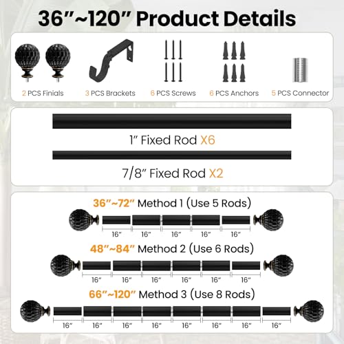 Ycolnaefllr Black Pinecone Curtain Rod, Farmhouse Heavy Duty, Fits 66-120" - color: Black, size: 36-120"