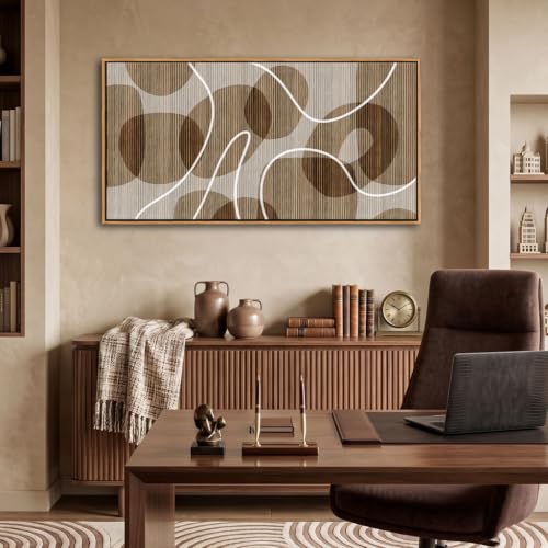 YDYSUNE Boho Neutral Tone Geometric Oval Canvas Wall Art Thin White Curve Line Horizontal Above Sofa Wall Painting 20×40 inch - color: New Brown, size: 40"L x 20"W