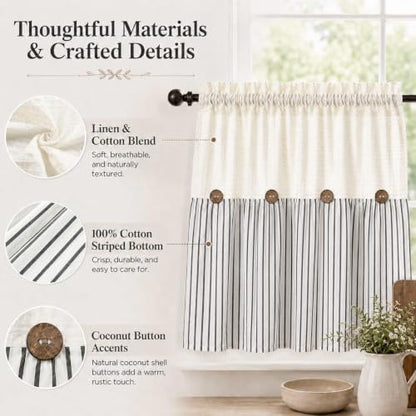 DOSLY IDÉES Spa Waffle and Black Striped Curtains, 26" W x 24" L - color: Beige & Black Striped, size: 26"W x 24"L (Pack of 2)