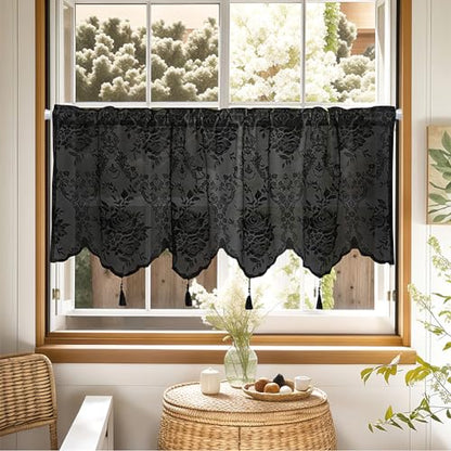 Molaxhome Homey Sheer Embroidered Flowers Vine Valance Window Treatment - color: A634black, size: 52"W x 18"L (Pack of 1)