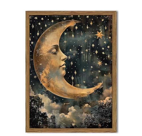 Vintage Moon Stars Wall Art, Moody Celestial Witch Wall Decor Paintings, Dark Academia Abstract Moon Face Artwork Sky Rustic Farmhouse Decoration for Bedroom Living Room 12x16 inch Wood Framed - color: Moon D, size: 16"L x 12"W