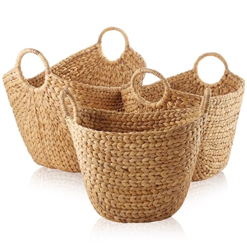 Casafield Set of 3 Multipurpose Boat Baskets with Handles - Natural, Woven Water Hyacinth Storage Organizers for Throw Blankets, Bedroom, Laundry
