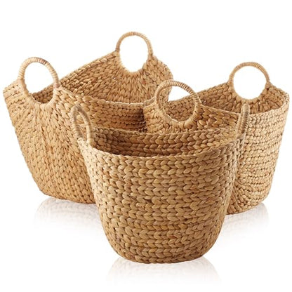 Casafield Set of 3 Multipurpose Boat Baskets with Handles - Natural, Woven Water Hyacinth Storage Organizers for Throw Blankets, Bedroom, Laundry