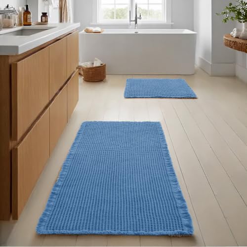 JIUZHEN Set of 2 Waffle Bathroom Rugs Non Slip Bath Mats 16"x24"+24"x48" - color: Blue, size: 16"x24" + 24"x48"
