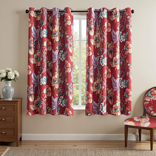 MYSKY HOME 95% Floral Blackout Curtains 63 Inch Length Bedroom Black Out Thermal Insulated Curtain Printed Flower Vintage Style Grommet Window Panels Living Room Kitchen, Pack-2, Terracotta - color: Terracotta, size: 52"W x 63"L (Pack of 2)
