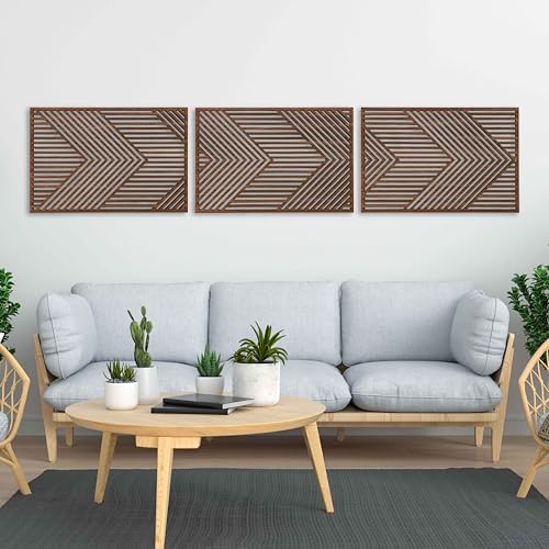 Modern Geometric Wood Wall Art in Horizontal Design, Rustic Mid Century Modern Style for Living Room, Abstract Boho Wooden Wall Art