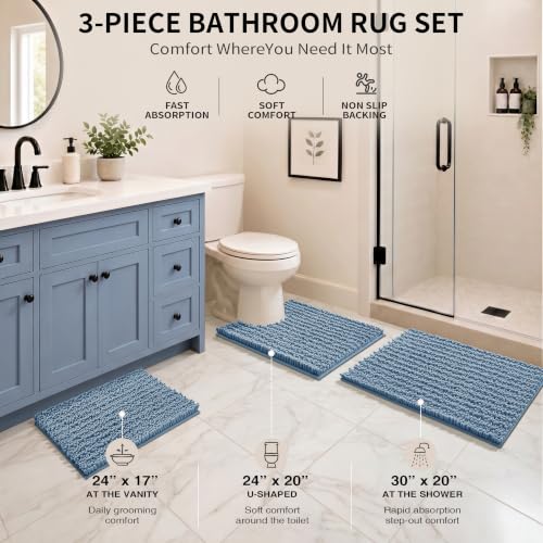 Yimobra Bathroom Rug Set 3 Piece, Super Absorbent Bath Mat Set, Denim Blue - color: Denim Blue, size: 24"x17" + 24"x20" + 30"x20"