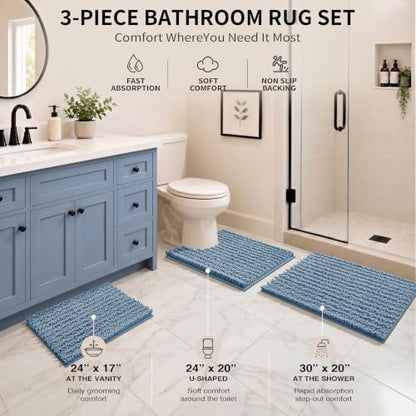Yimobra Bathroom Rug Set 3 Piece, Super Absorbent Bath Mat Set, Denim Blue - color: Denim Blue, size: 24"x17" + 24"x20" + 30"x20"
