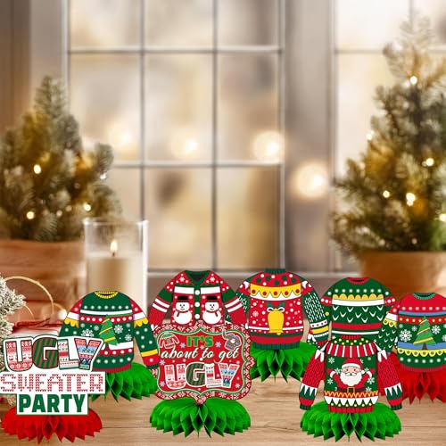 9 Pcs Ugly Sweater Party Decorations Honeycomb Centerpiece - style: Christmas Ugly Sweater Party
