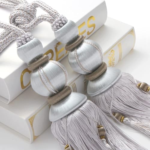 Paired Lantern Single Hanging Ball Tassels Curtains Buckle Sling Binding Lantern Tiebacks Handcrafted Braided Buckle Drapery Curtain Holdbacks Window Treatments for Home 2 Pack - color: Silver Gray, size: 11.81 inches