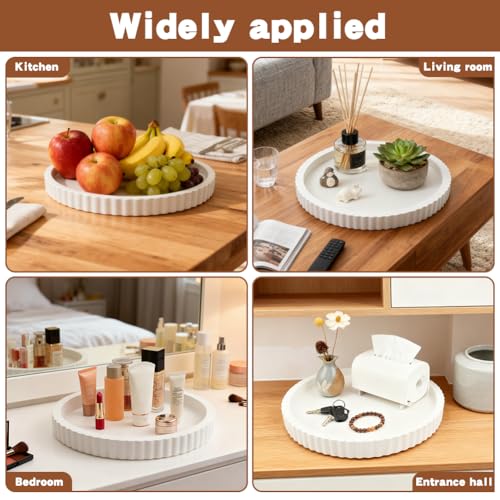 White Round Wood Tray, 11 in Fluted Vanity Tray - color: White