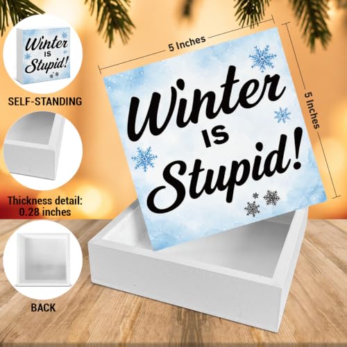 Winter Decorations, Funny Winter Is Stupid Wooden Sign Decor 5x5 Inch - color: Tub-9