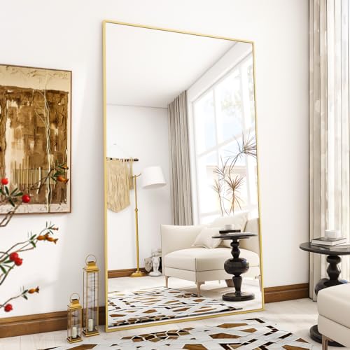 VooBang Oversized Full Length Mirror, 76" x 34" Floor Mirror with Stand, Aluminum Alloy Frame Full Body Mirror, Standing Hanging or Leaning Against Wall Bedroom Living Room, Gold - color: Gold, size: 76"L x 34"W