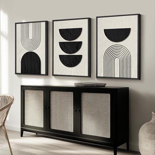 Large Framed Boho Neutral Abstract Wall Art, 3 Piece Canvas Prints 24x36 In - color: Geometric - D, size: 24" W x 36" H x 3Pcs