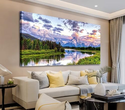 Grand Teton Canvas Wall Art Oxbow Bend Mountain River Pictures, 29"x58" - color: National Park, size: 58"L x 29"W