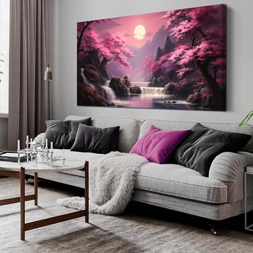 Landscape Wall Art for Living Room Bedroom Office Pink Wall Art Moon Lake Mountain Pictures Modern Artwork Framed Wall Decor Canvas Prints 29x59 In - color: Pink, size: 60"L x 30"W
