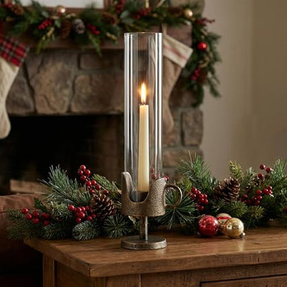 Handcrafted Cast Iron Base Hurricane Candle Holder with Glass Shade