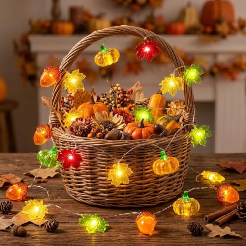 3D Pumpkin, Acorn & Maple Leaf LED String Lights 10FT 30 LED Battery Powered Warm White Fall Decor for Thanksgiving & Halloween - color: Maple