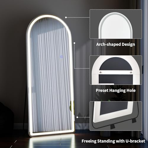 VooBang 71"x26" LED Arched Mirror Full Length with Dimmable Lights - color: White, size: 71"L x 26"W