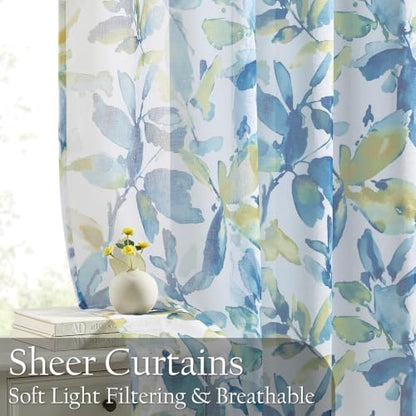 Farmhouse Sheer Curtains 96 Inch Length for Living Room 2 Panels - color: Leaf | Blue, size: 50"W x 96"L (Pack of 2)