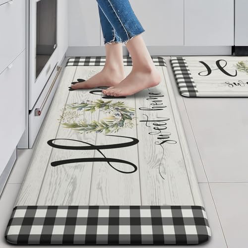 MAYHMYO Black White Checkered Kitchen Mats for Floor,Anti Fatigue Cushioned - color: Wreath