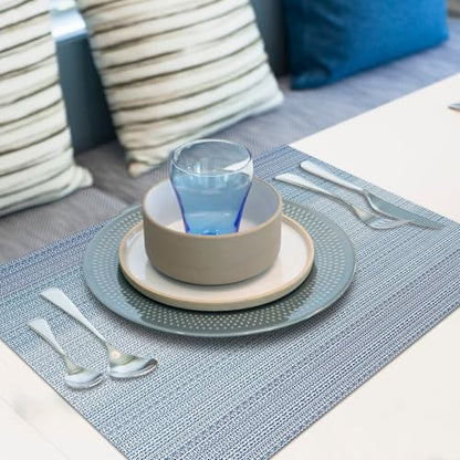 Aofmee Table Runner and Placemats Set of 6 Washable, Heat Resistant Place Mats with Table Runner, Woven Vinyl Table Placemats for Dining Table, Stain Resistant Kitchen Table Mats Sets, Easy to Clean - color: Stripe-blue, size: Set of 7