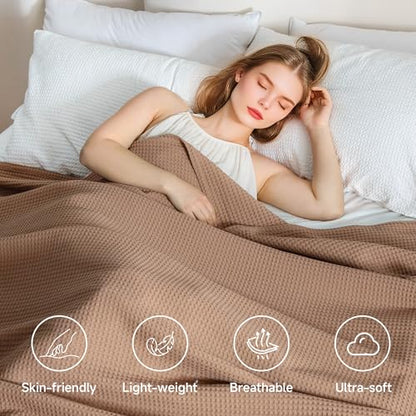 Simple&Opulence 100% Cotton Waffle Blanket, Twin Size 66"x90", Light Brown - color: Light Brown, size: Twin(66"x90")
