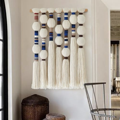 Macrame Wall Hanging Blue Handmade Yarn with Ball Tassels 15.7" Wx 21.6" L - color: Blue