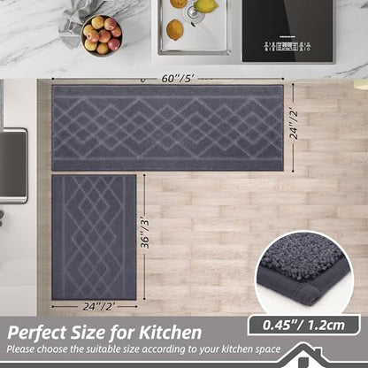 BEQHAUSE Kitchen Rugs Set of 2 Non Slip Runner, 24"x36"+24"x60", Dark Grey - color: Dark Grey, size: 24" X 36" + 24" X 60"