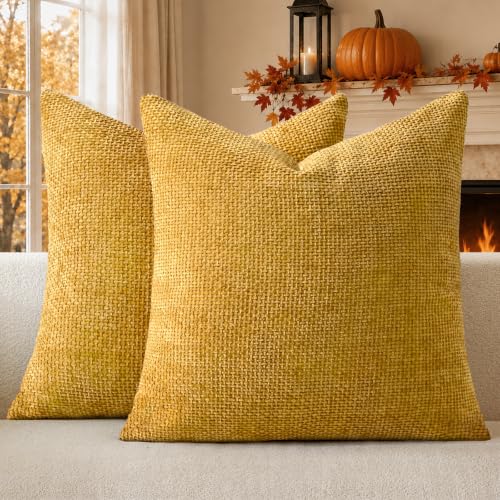 a moment Fall Mustard Yellow Chenille Throw Pillow Covers 16x16 Inch Pack of 2 Modern Decorative Throw Pillow Covers Farmhouse Cross Covers Home Decor for Sofa Bedroom Living Room - color: Mustard Yellow, size: 16" x 16" (Pack of 2)
