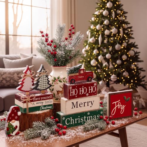 11 Pcs Christmas Table Decorations Set Christmas Wooden Sign Tiered Tray Decoration Xmas Table Centerpiece Block Stack Signs Farmhouse Rustic for Coffee Fireplace Mantel Shelf Kitchen - style: Farmhouse Christmas