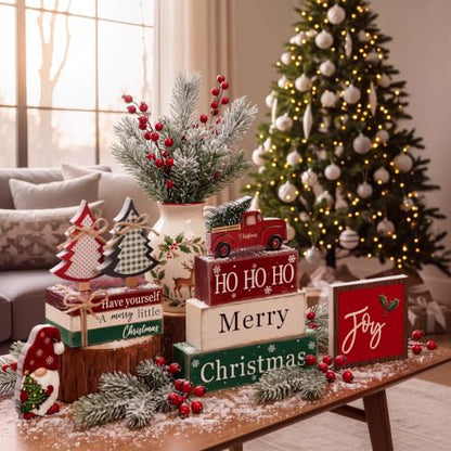 11 Pcs Christmas Table Decorations Set Christmas Wooden Sign Tiered Tray Decoration Xmas Table Centerpiece Block Stack Signs Farmhouse Rustic for Coffee Fireplace Mantel Shelf Kitchen - style: Farmhouse Christmas