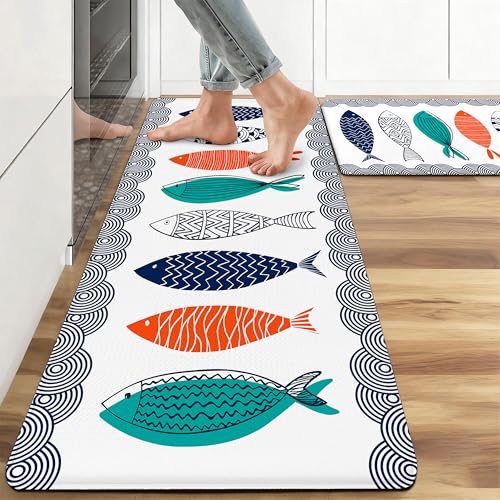 Kitchen Rugs for Floor 2 Pcs Memory Foam Padded Anti Fatigue Kitchen Mat - color: Fish-01