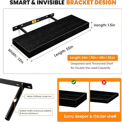 RICHER HOUSE 55 Inch Long Floating Shelves, 12 Inch Deep Black Wall Shelf - color: Black, size: 55in