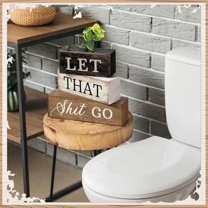 Moucuny 4 Pcs Wooden Block Signs Farmhouse Table Decoration for Bathroom - style: Bathroom