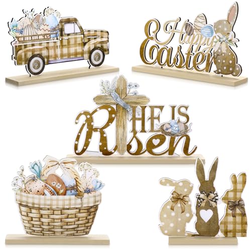 Blulu 5 Pieces Easter Table Decorations Wooden Bunny Signs Wood Easter Centerpieces for Farmhouse Rustic Home Office Tier Tray Decor Table Decoration Supplies(He is Risen)
