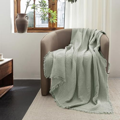 FOSSA Muslin Blanket 4-Layer 100% Cotton Gauze Blanket with Fringe 50"x70" - color: Sage Green, size: Throw XL (50" × 70")