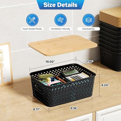 Anysig 8 Pack Plastic Storage Bins with Bamboo Lids, 5.2 QT Stackable Bins - color: Black