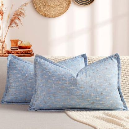 ZWJD 12x20 Pillow Covers Set of 2 Soft Polyester Textured Pillow Covers with Stylish Flange Edge Cozy Farmhouse Throw Pillows for Couch Bed Sofa Living Room - color: Blue, size: 20" x 12" (Pack of 2)
