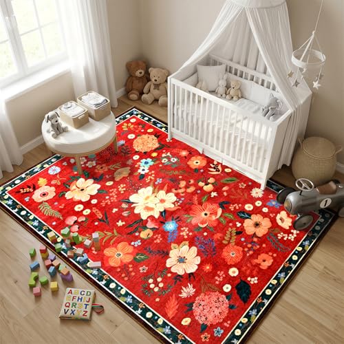 Terrug Floral Washable Area Rug for Bedroom, 4x6 Red Christmas Boho Ultra-Thin Rugs for Entryway, Soft Non Slip Carpet Vintage Rug for Living Room, Kitchen, College Dorm, Dining Room, Nursery - color: Red, size: 4' x 6' (Rectangular)