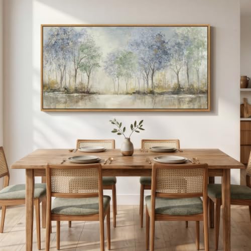Framed Abstract Neutral Forest Landscape Wall Art for Living Room, 60x30 In - color: Blue and Green