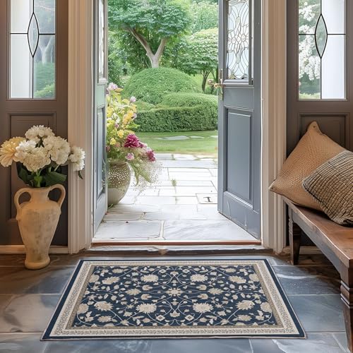 EverGrace Area Rugs for Entryway 2x3, Boho Floral Faux Wool Indoor Outdoor Small Rugs, Washable Rugs for Bedroom Bathroom Laundry Doormat, Low Pile Floor Mat Carpet for Home Decor, Navy Blue - color: Navy Blue Multi, size: 2'x3'