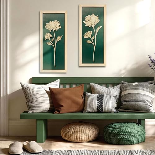 KOYILTD 2pcs 3D Green Wall Art Floral Wall Decor Boho Framed Bathroom Art - style: 2huahuilvqiang-Boho