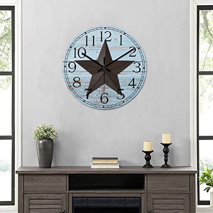 Round Farmhouse Wall Clock Western Texas Star Retro Style Wood Clock Quiet Non-ticking Battery Operated with Large Numbers Country Wall Hanging Analog Clock for Living Room Farmhouse Kitchen 15 Inch - color: Style, size: 15in